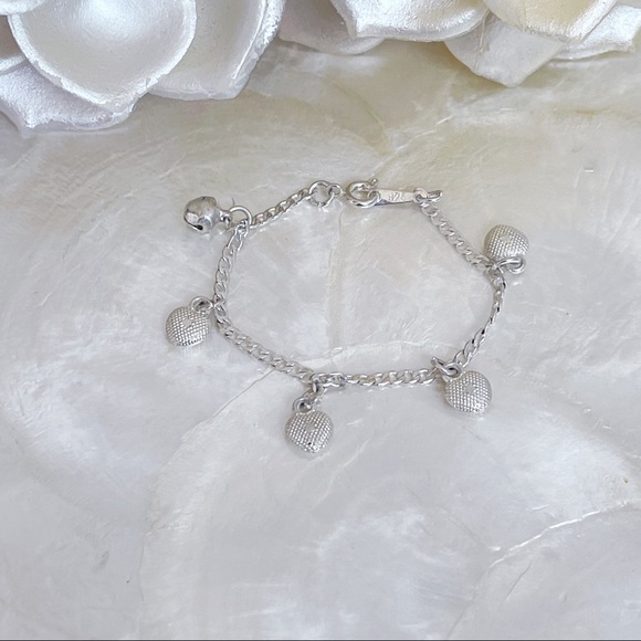 Sterling Silver 925 Hearts Bell Baby Bracelet 5.25” - Picture 1 of 10